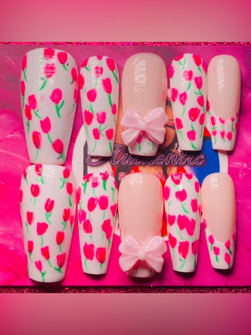 Floral Pink Tulip Press-On Nails with Pink Bow Accent